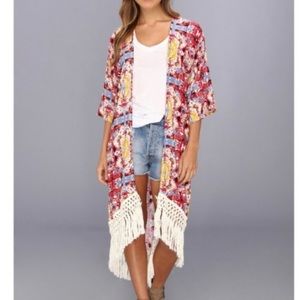 Mink pink short sleeve duster with fringe